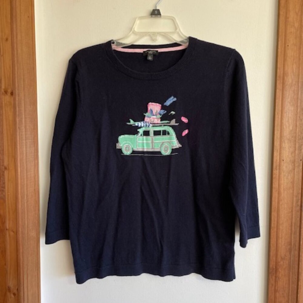 TALBOTS Spring Vacation Car & Luggage Navy Print 3/4 Sleeve Sweater LP